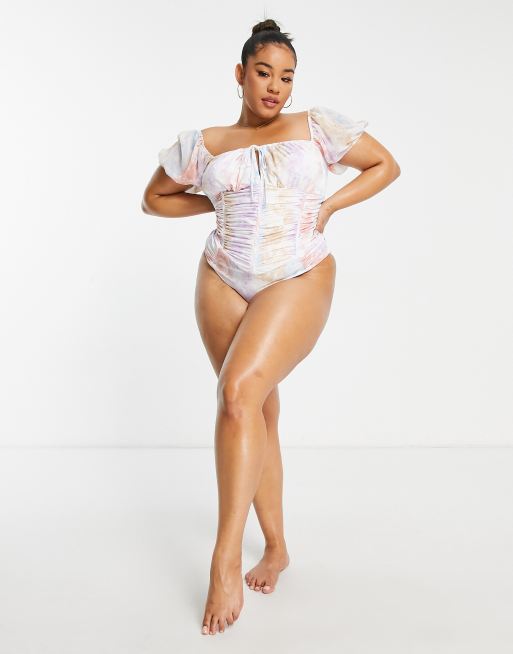 ASOS LUXE Curve corset puff sleeve swimsuit in toile de juoy print