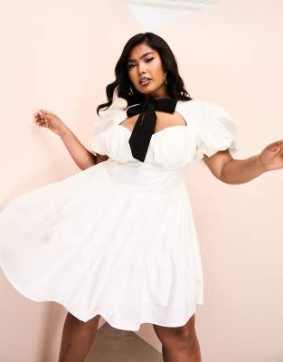 ASOS LUXE Curve corseted cotton poplin mini dress with contrast velvet pussybow and puff sleeve in white