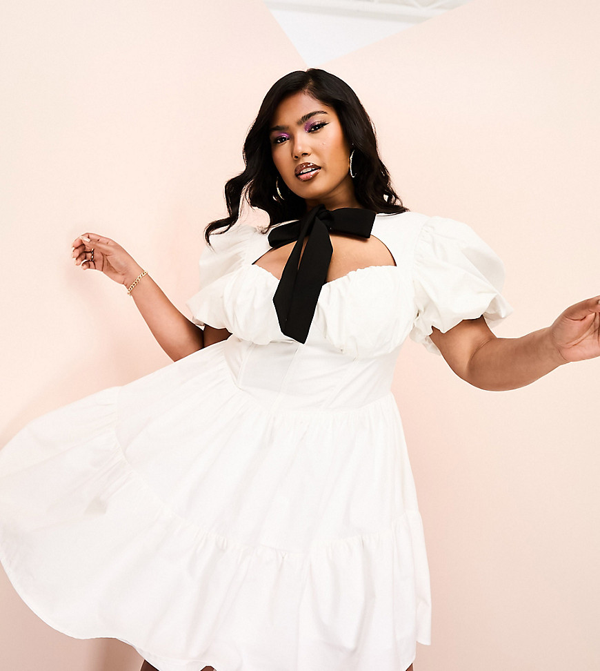 ASOS LUXE Curve corseted cotton poplin mini dress with contrast velvet pussybow and puff sleeve in white