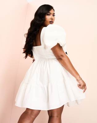 ASOS LUXE Curve corseted cotton poplin mini dress with contrast velvet  pussybow and puff sleeve in white | ASOS