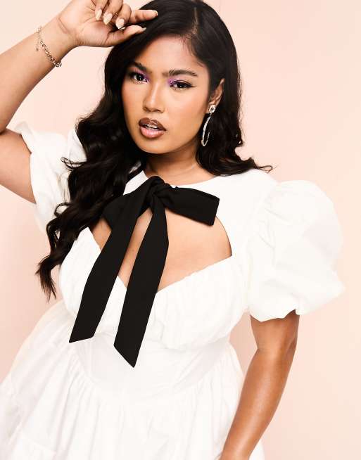 ASOS LUXE Curve corseted cotton poplin mini dress with contrast velvet  pussybow and puff sleeve in white