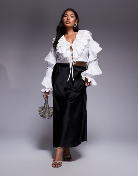 ASOS LUXE Curve cotton poplin exaggerated ruffle blouse in white - view 1