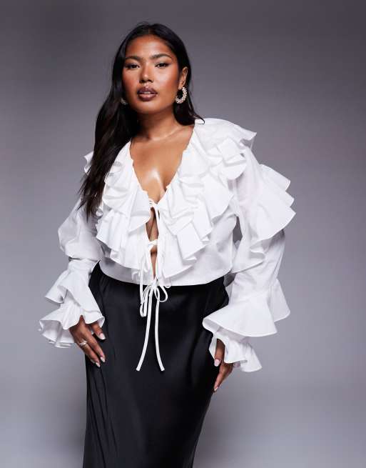 ASOS LUXE Curve cotton poplin exaggerated ruffle blouse in