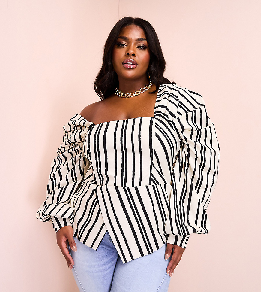 ASOS LUXE Curve cotton poplin exaggerated sleeve top in black and cream stripe-Neutral