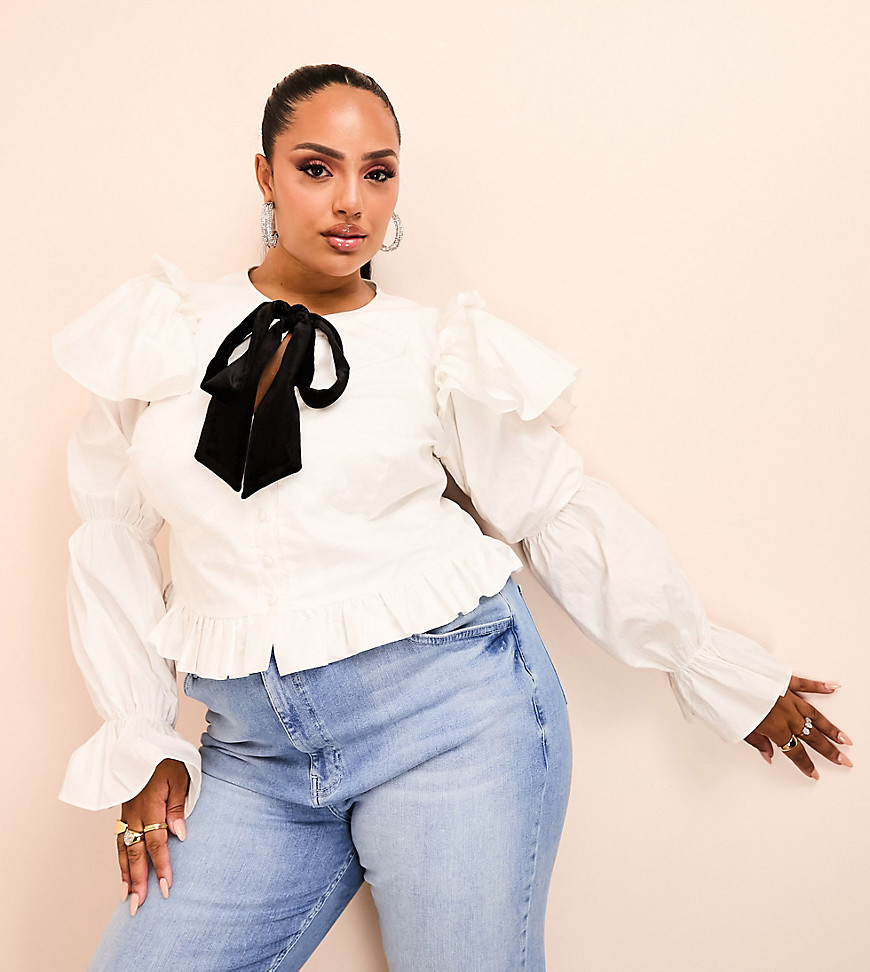 ASOS LUXE Curve cotton poplin frilled top with contrast velvet pussybow in white