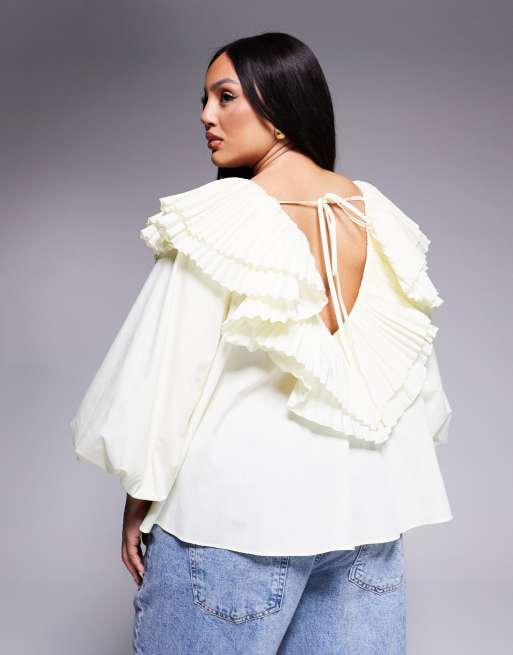 ASOS LUXE Curve cotton poplin pleated over-sized blouse in buttermilk