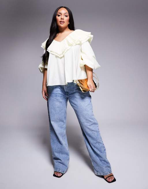 ASOS LUXE Curve cotton poplin pleated over-sized blouse in buttermilk