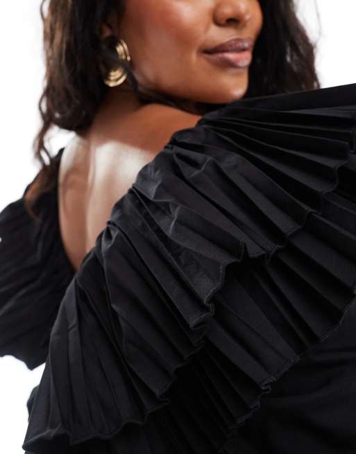 black frill detail pleated skater dress Black Frill Detail Pleated Skater Dress Dresses