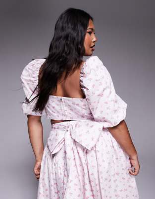 Asos Luxe Curve Cotton Sateen Puff Sleeve Top In Pink