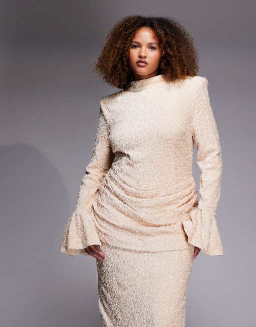 ASOS LUXE Curve - Cremehvid maxikjole med draperinger i taljen og pailletter i velour, 4 af 4