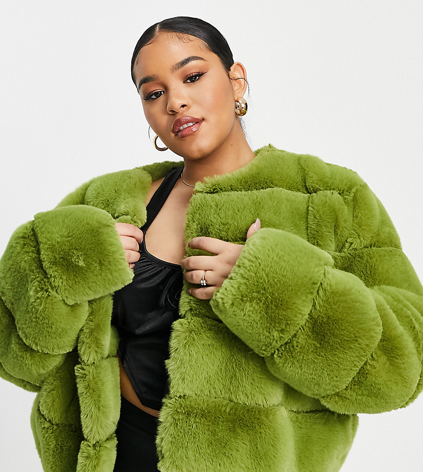 ASOS LUXE Curve cropped faux fur jacket in chartreuse-Green