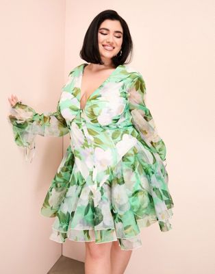 ASOS LUXE Curve cupped organza mini dress in green floral print