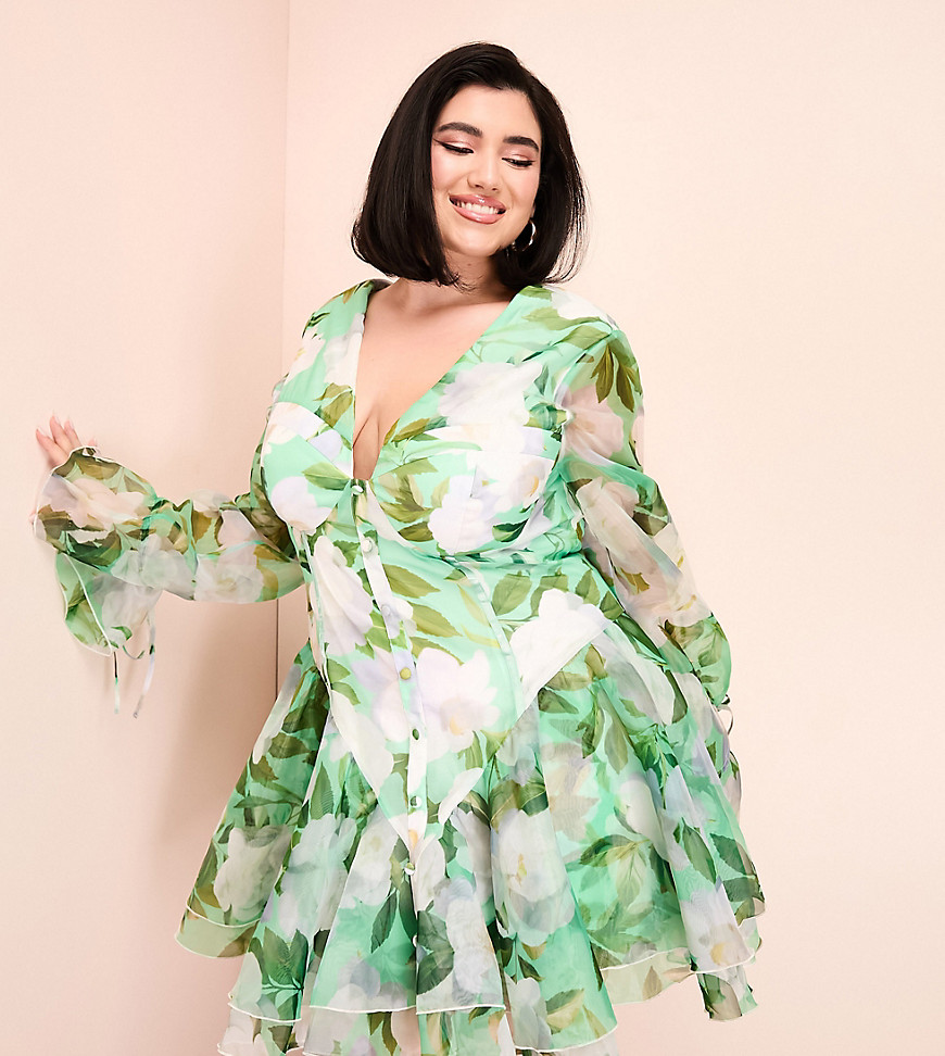ASOS LUXE Curve cupped organza mini dress in green floral print-Multi