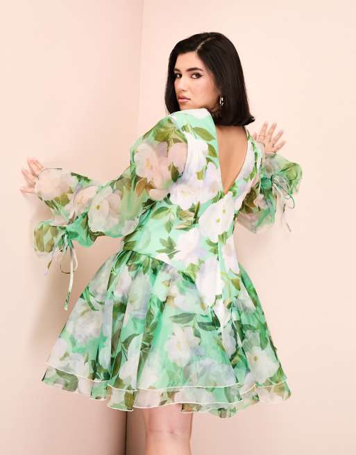 ASOS LUXE Curve cupped organza mini dress in green floral print | ASOS