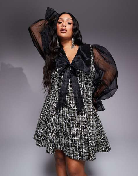 ASOS Luxe Curve – Czarna brokatowa sukienka z dzianiny boucle z kołnierzem z organzy - view 1