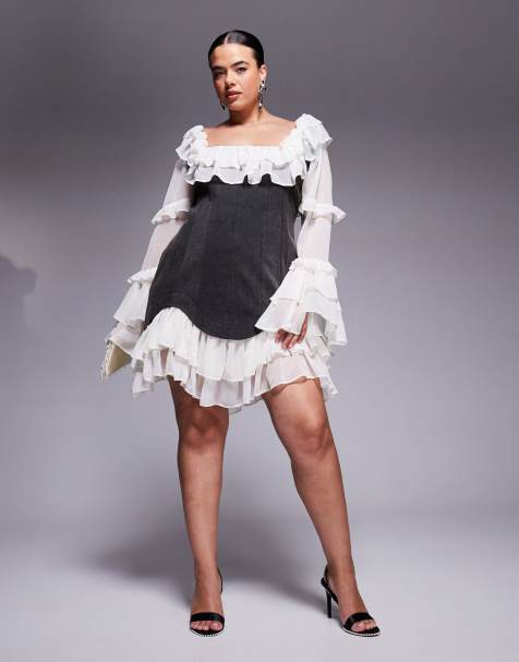 ASOS LUXE Curve denim corset mini dress with chiffon sleeves and hem in black