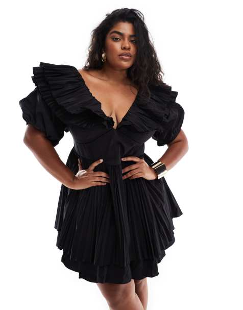 ASOS Luxe Curve – Czarna plisowana sukienka mini skater z bawełnianej popeliny - view 1