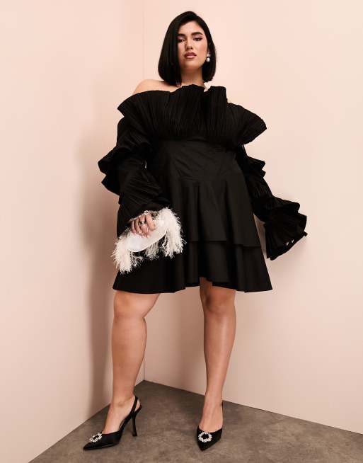 ASOS Luxe Curve – Czarna plisowana sukienka mini typu skater z odkrytymi ramionami z bawełnianej popeliny