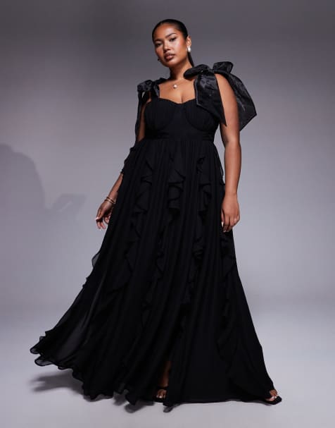 ASOS Luxe Curve – Czarna sukienka maxi z pionowymi falbankami i wiązanymi ramiączkami - view 1