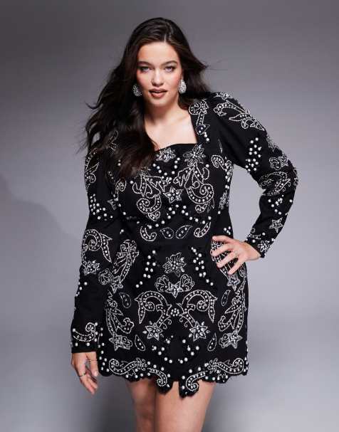 ASOS Luxe Curve – Czarna sukienka mini w zdobiony srebrny wzór - view 1
