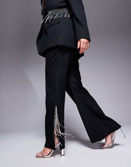 ASOS Luxe Curve – Czarne spodnie z rozszerzanymi nogawkami i frędzlami z kryształków, część zestawu