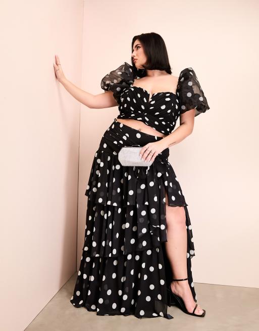 ASOS Luxe Curve – Czarno-biała spódnica kaskadowa maxi z falbankami z organzy w grochy, część zestawu