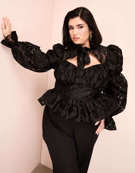 ASOS Luxe Curve – Czarny koronkowy top z bufkami i kokardką pod szyją 