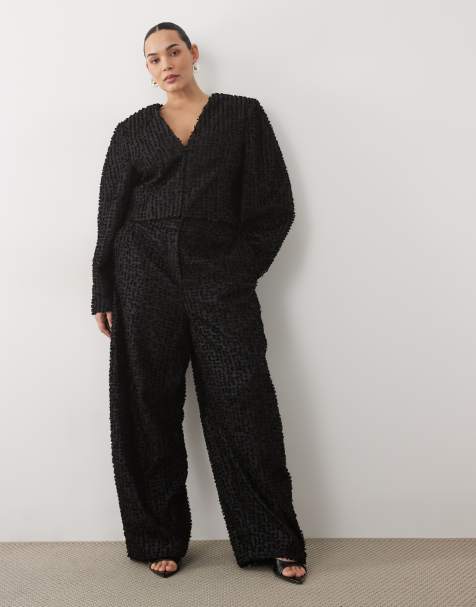 ASOS LUXE Curve – Czarny zestaw z bouclé: krótka marynarka z zaokrąglonymi rękawami i spodnie o kroju barrel - view 1