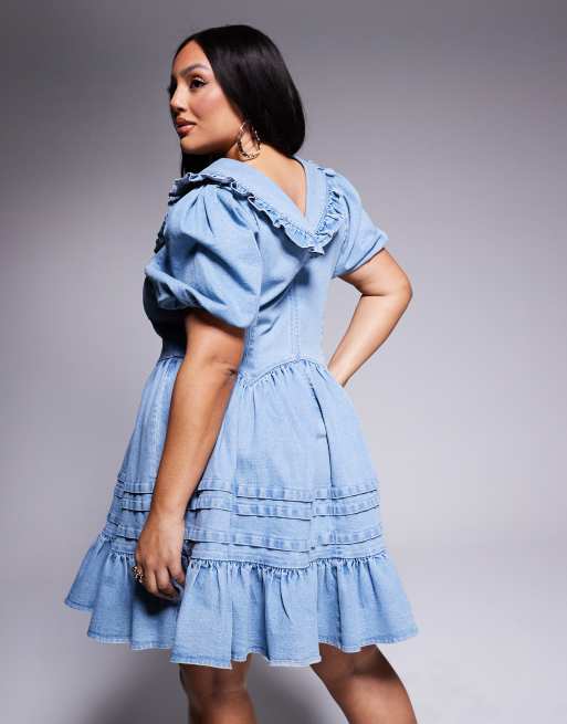 ASOS LUXE Curve denim collared puff sleeve mini dress in blue, 2 of 4