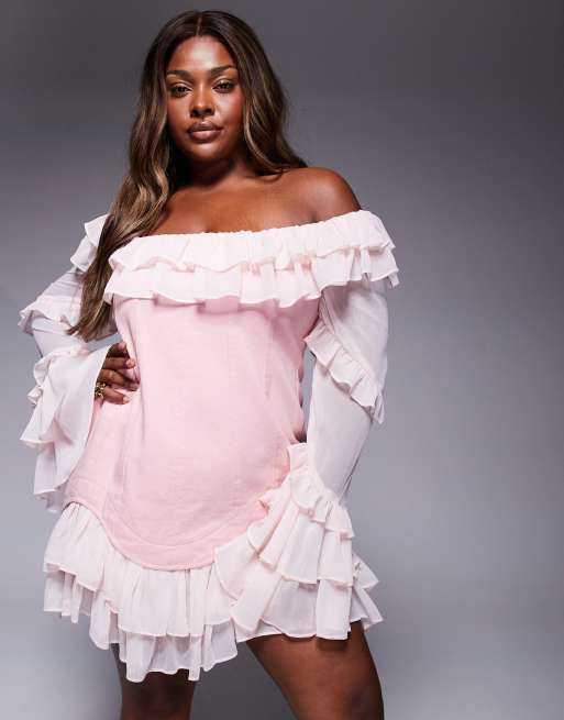 ASOS LUXE Curve denim corset mini dress with chiffon sleeves and hem in pink