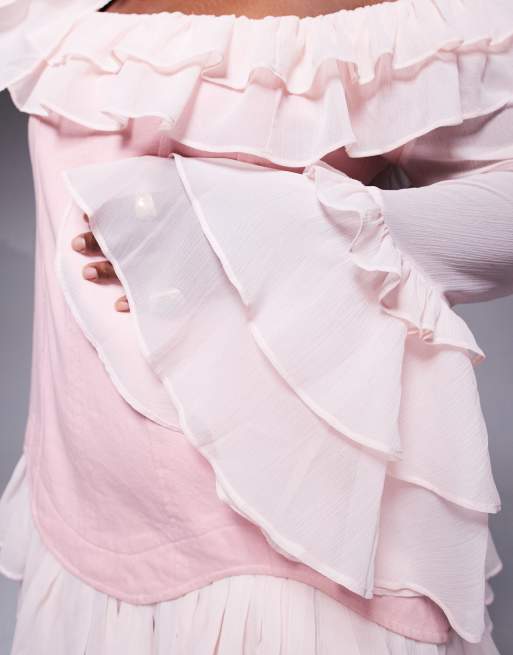 ASOS LUXE Curve denim corset mini dress with chiffon sleeves and hem in pink
