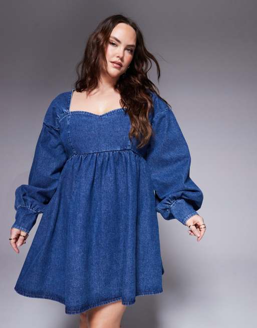 ASOS LUXE Curve denim long sleeve baby doll mini dress with bow back in blue