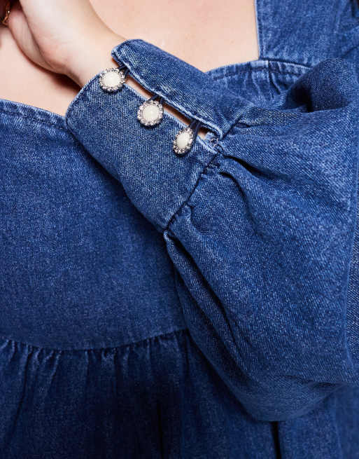 ASOS LUXE Curve denim long sleeve baby doll mini dress with bow back in blue