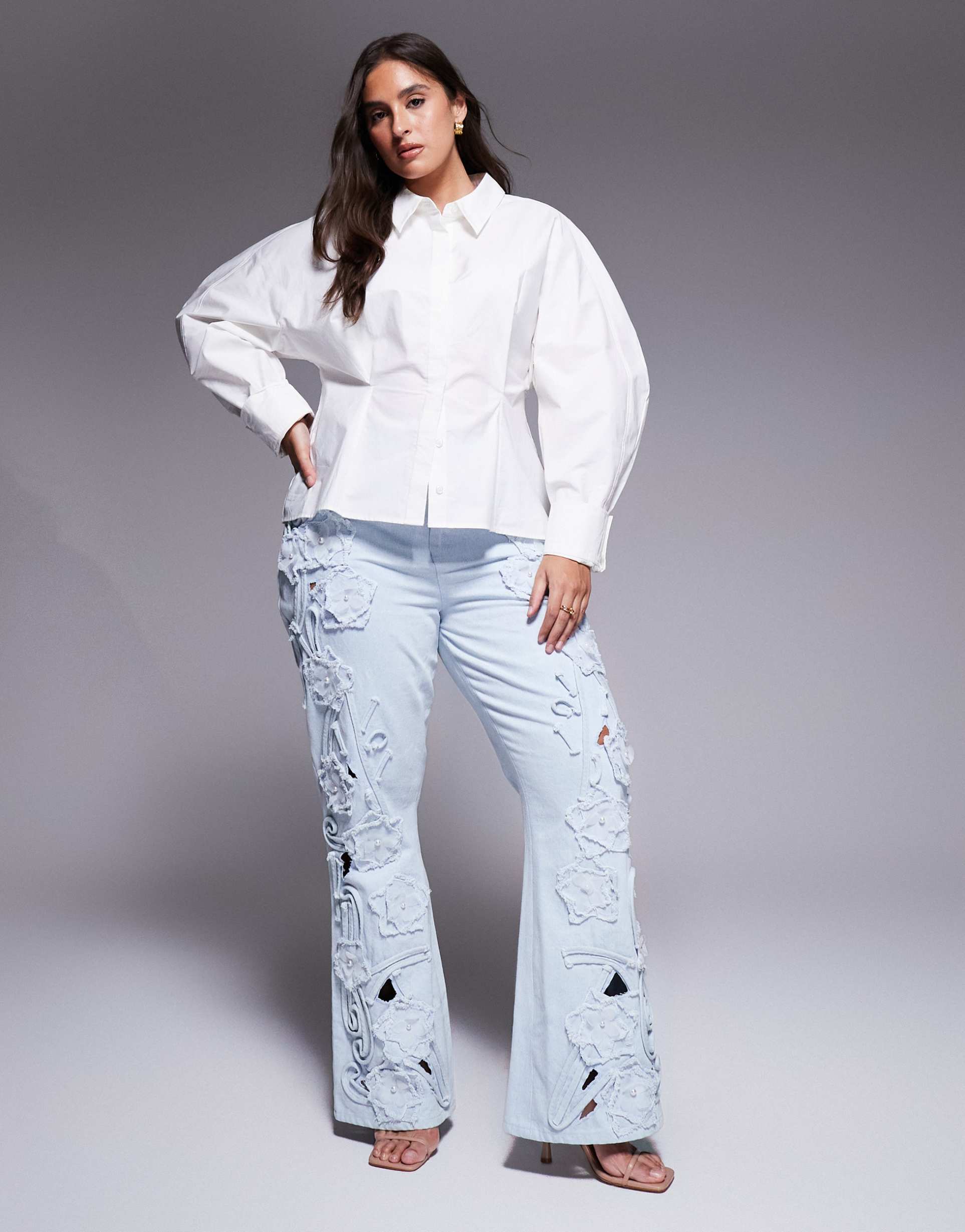 asos luxe curve denim pearl embellished cornelli jeans with organza flowers in blue