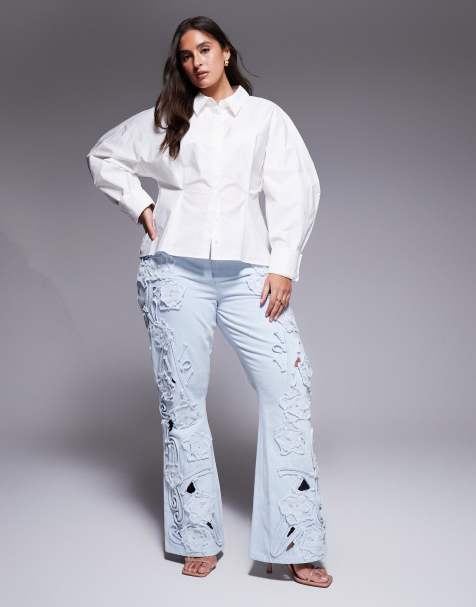 ASOS LUXE Curve denim pearl embellished cornellli jeans with organza flowers in blue - view 1