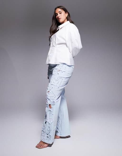 ASOS LUXE Curve denim pearl embellished cornellli jeans with organza flowers in blue, 3 of 5