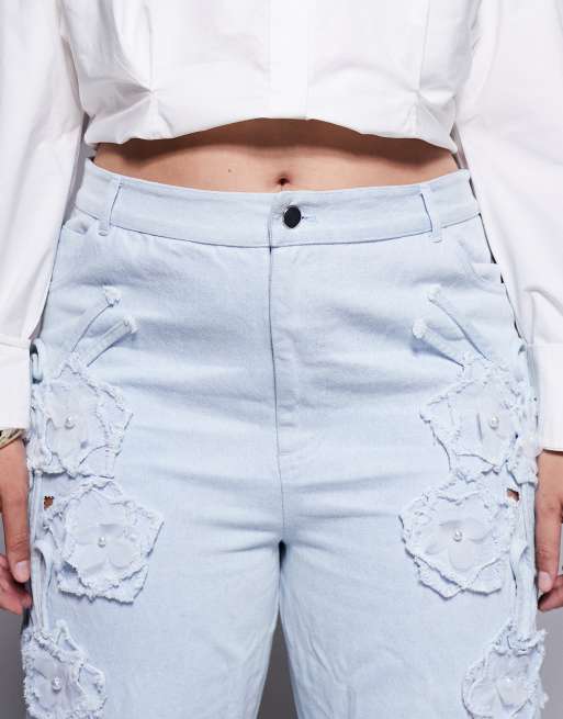 ASOS LUXE Curve denim pearl embellished cornellli jeans with organza flowers in blue, 4 of 5