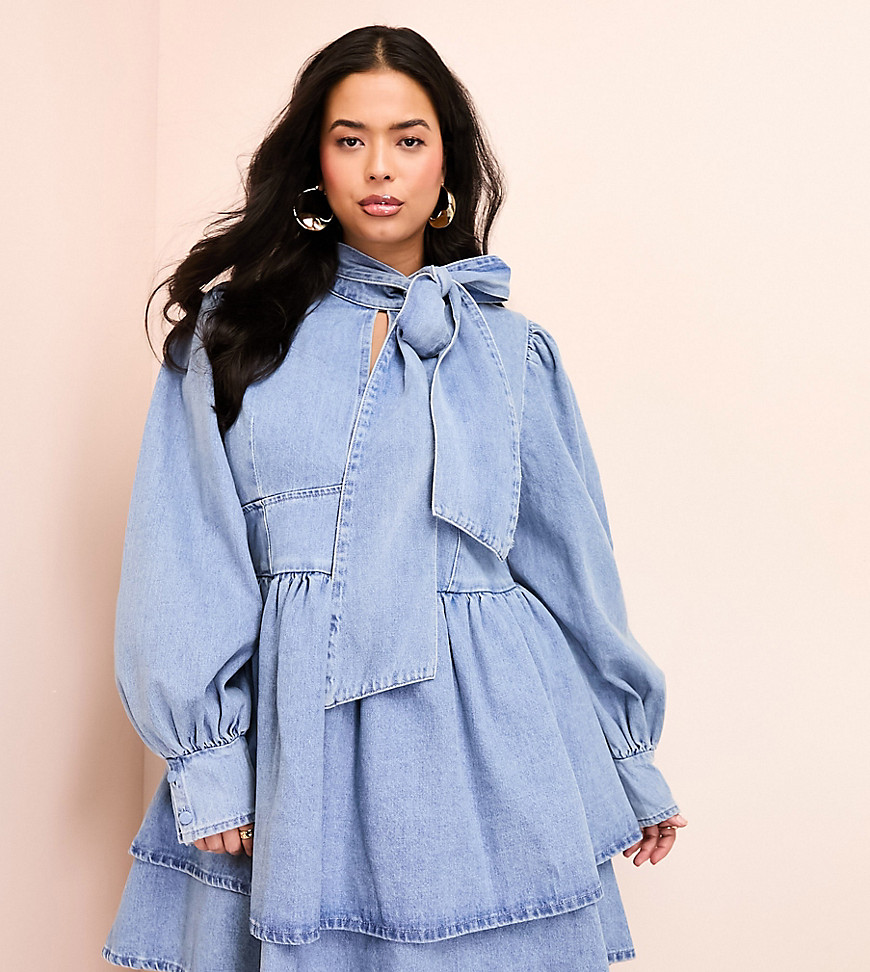 ASOS LUXE Curve denim pussy bow skater mini dress in mid wash blue