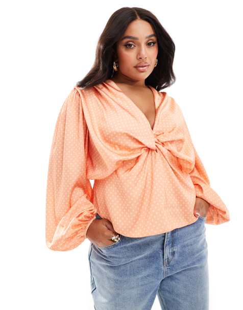 ASOS Luxe Curve – Drapowany w talii satynowy top ze skręconym dekoltem we wzór w groszki - view 1
