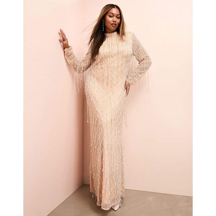 ASOS LUXE Curve drop pearl embellished maxi dress in blush pink