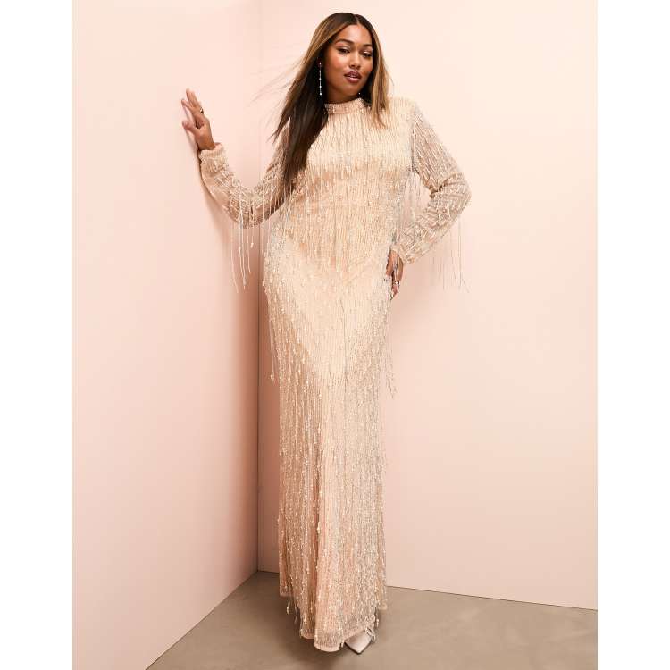 ASOS LUXE Curve drop pearl embellished maxi dress in blush pink