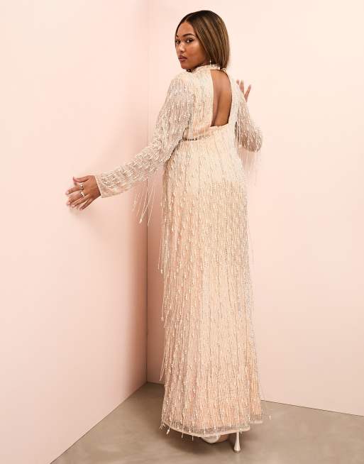 ASOS LUXE Curve drop pearl embellished maxi dress in blush pink