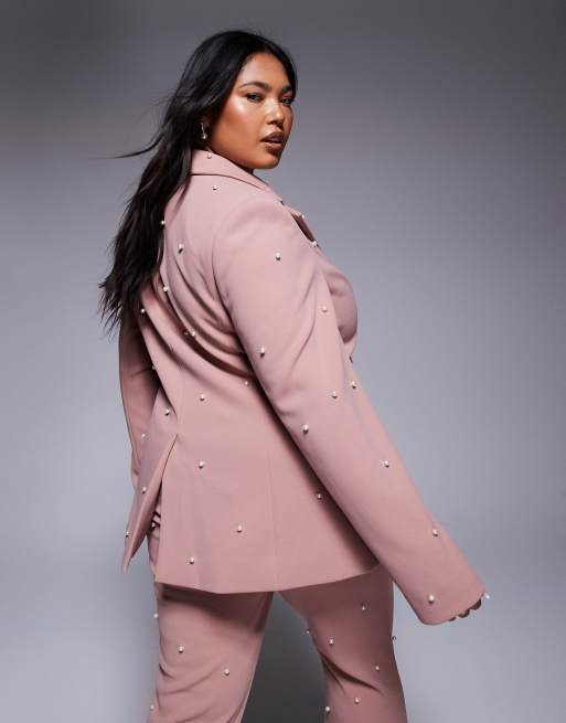 ASOS LUXE Curve - Elegante blazer met parelversiering in oudroze, deel van co-ord set, 3 van 4