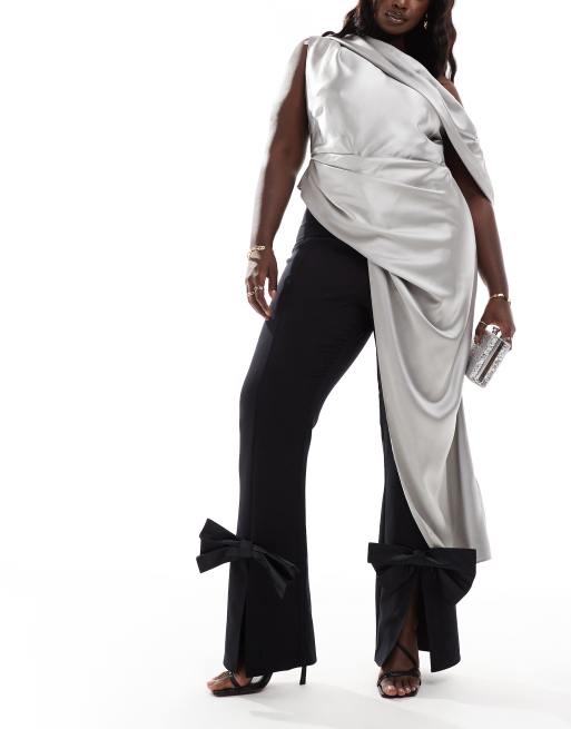 ASOS LUXE Curve - Elegante broek met satijnen strik in zwart, deel van co-ord set