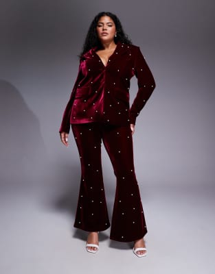 ASOS LUXE Curve - Elegante Hose in Burgunderrot mit Perlenverzierung, Kombiteil
