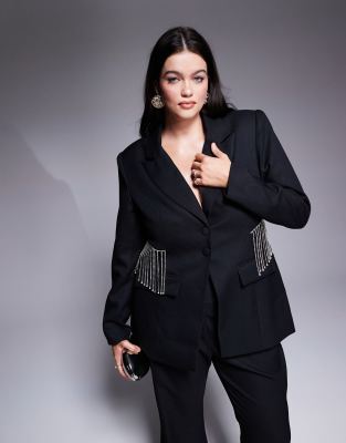 ASOS LUXE Curve - Eleganter Anzugblazer in Schwarz mit Strassfransen, Kombiteil