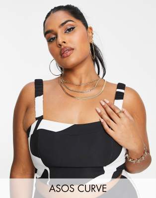 ASOS LUXE Curve - Eleganter Bustier mit Wirbelprint in Schwarz und Weiß, Kombiteil