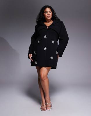 ASOS LUXE Curve - Elegantes, strukturiertes, langärmliges Kleid in Schwarz mit Verzierung