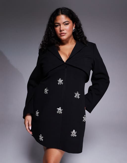ASOS LUXE Curve – Elegantes, strukturiertes, langärmliges Kleid in Schwarz mit Verzierung, 4 von 4