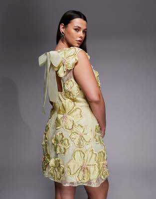 Curve embellished 3D floral lace mini dress with drop faux pearls in yellow